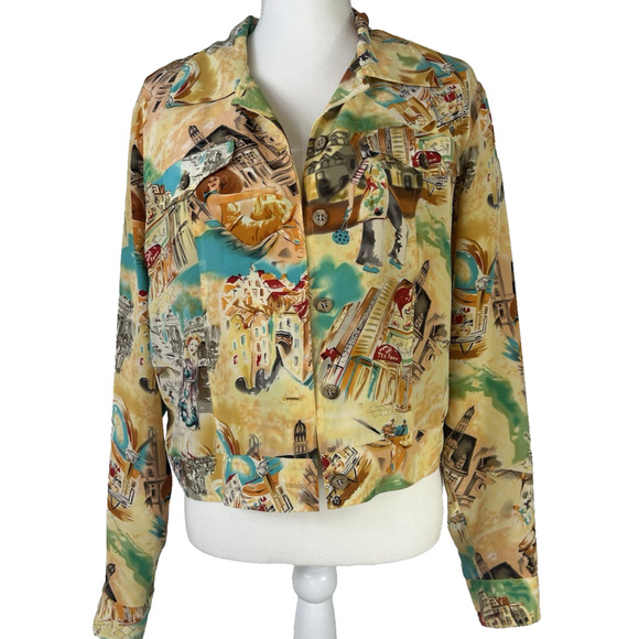 Vtg Maggy London Sz 10 100% Silk Crop Jacket Festival Dopamine 90's Y2K Artsy - Picture 1 of 10